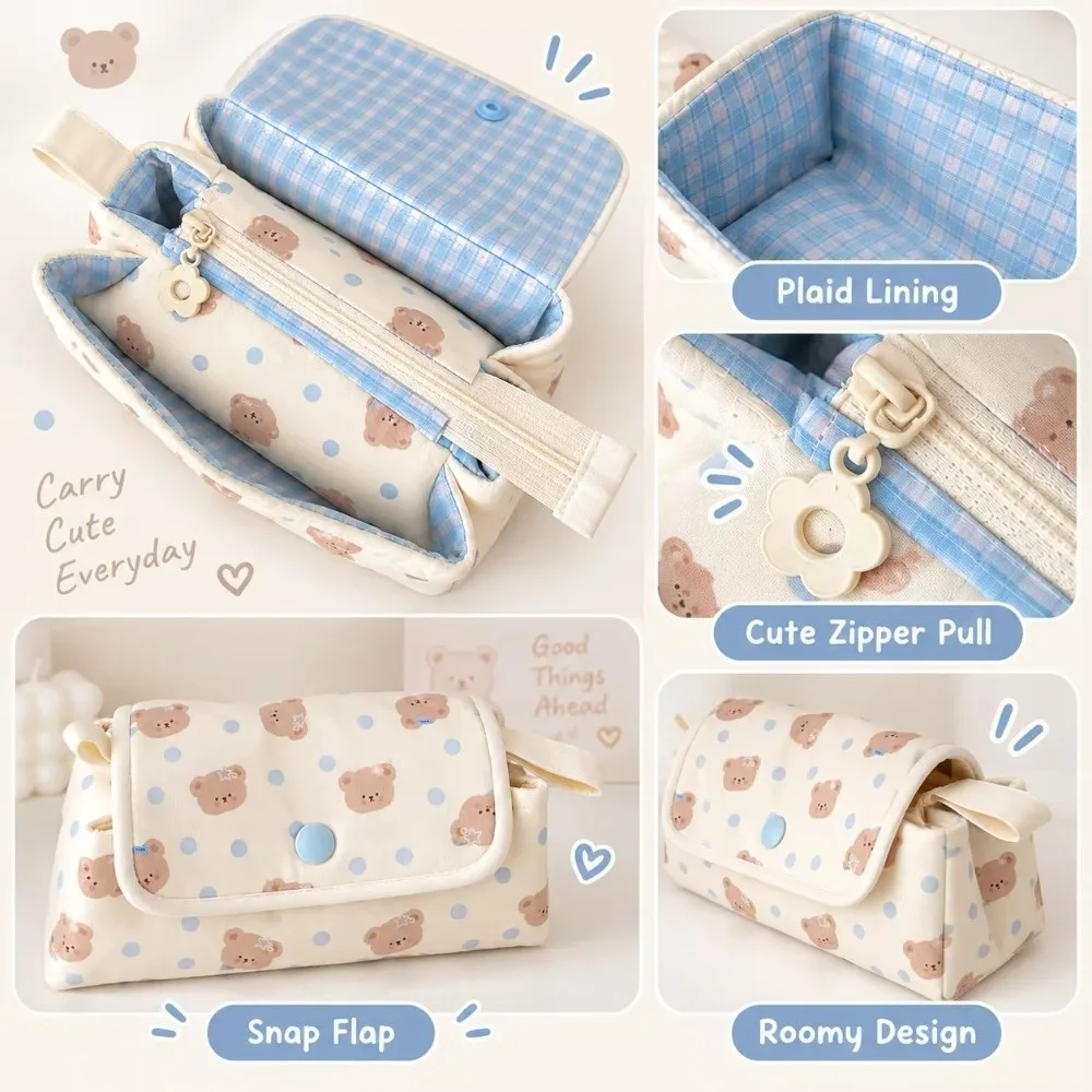 Multi-Layer Pencil Pouch Button-closure Large Capacity Pencil Case Bear Printed Lightweight Pen Bag School Supplies