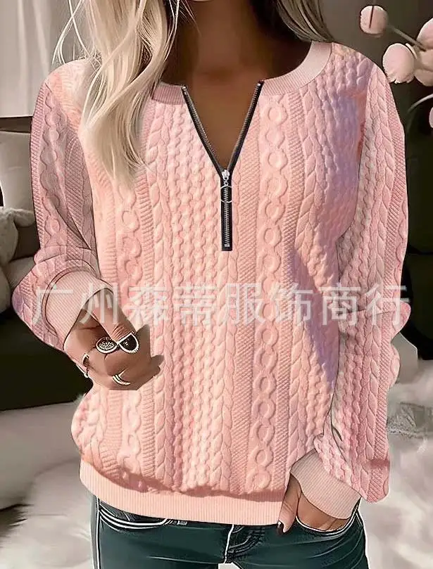 

Long Sleeved Round Neck Sweater 2023 New Hot Selling Fashion Women's Zipper Design Wheat Texture Sweatshirt