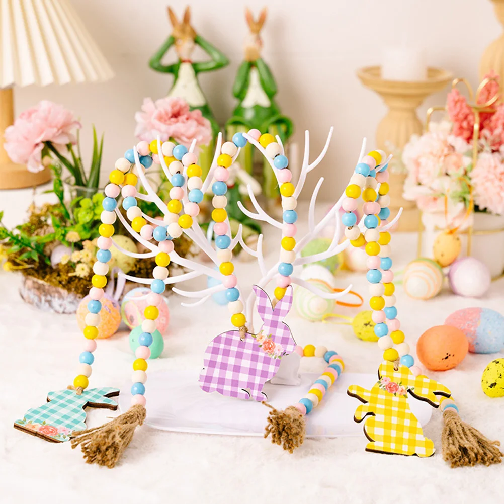 Guirnalda de cuentas de madera, adornos coloridos, borla granate, decoración con cuentas, diseño de conejito, fiesta festiva de Pascua, cuentas para colgar en la puerta, vacaciones