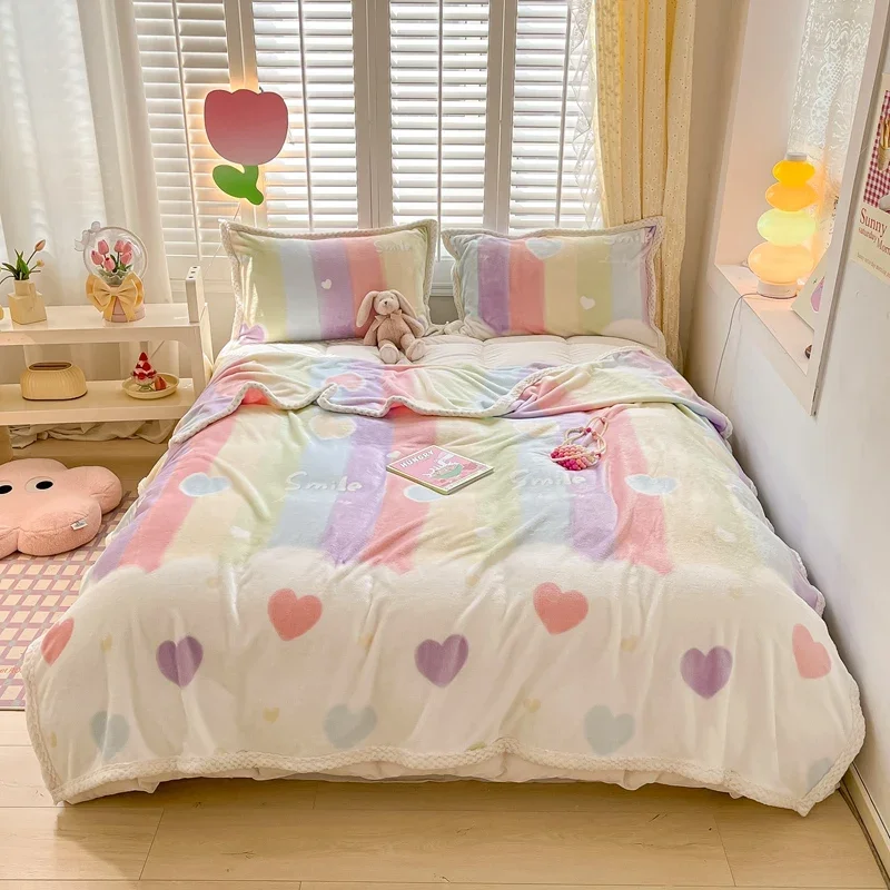 

Rainbow Stripes Blanket Romantic Love Heart Pattern Throw Blanket Super Soft Warm Reversible Plush Blanket with 2 Pillowcases