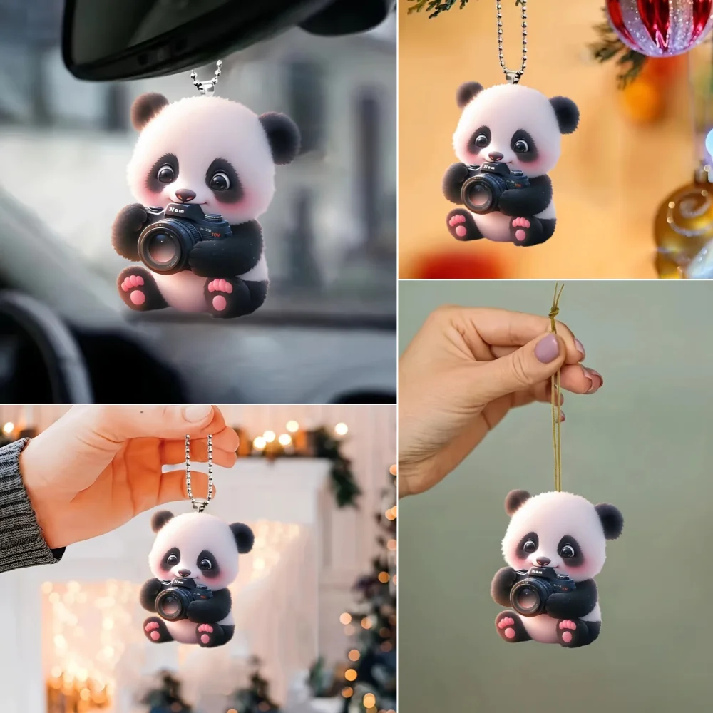 Panda Camera 2D Flat Acrylic Pendant Keychain Cute Cartoon Panda Baby Ornament Charms Hanging Decoration for Car Bags Party Gift