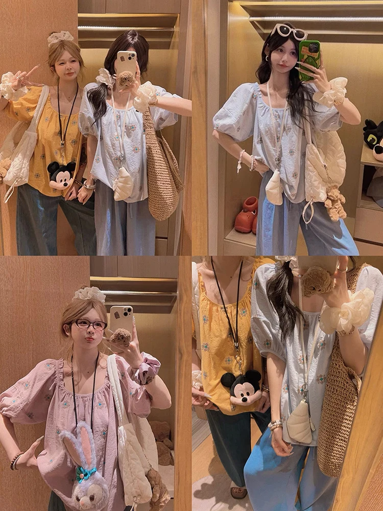 

Yukiss Original Heavy Embroidery ort Sve irt Front Ba Wear Loose Fit Bubble Sve Floral Print Casual Women's irt