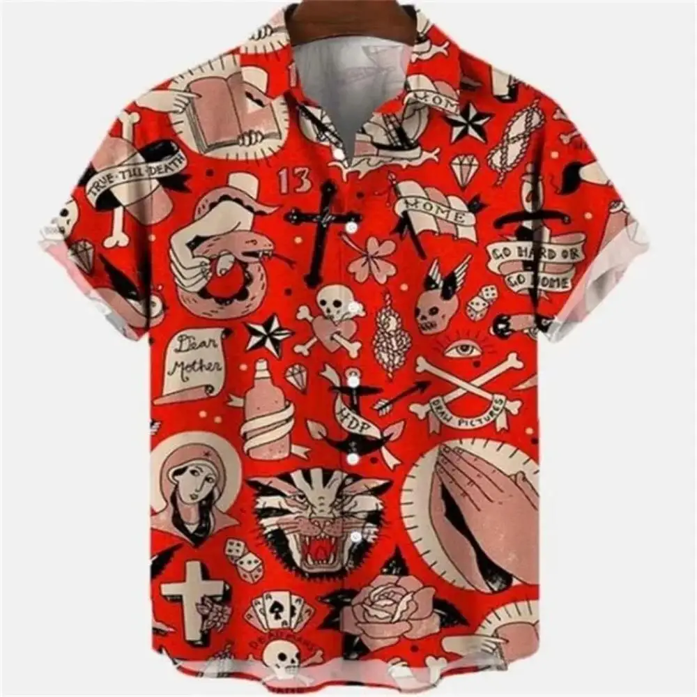 Summer Men's Dragon Patterned Element Shirt Casual Retro New Breathable Loose Short Sleeved Shirt