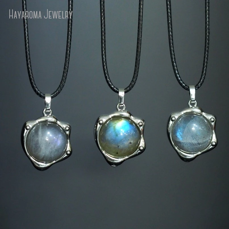 10Pcs Geometric Free Form Silver Color Wholesale Jewelry Semi-precious Stone Labradorite Leather Rope Necklace NM49593