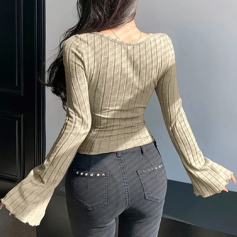 Autumn Winter Women's Knitted Solid Square Neck Long Sleeve T Shirt Casual Cross Strap Ribbed Slim Fit Top for Daily StreetWear