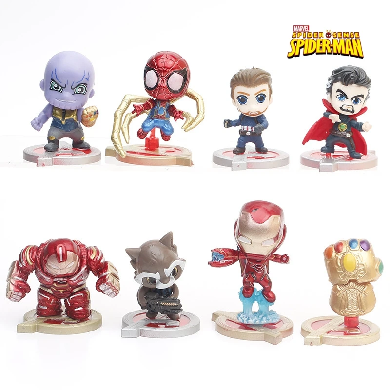 8Pcs/Set Marvel Avengers Q Cute Super Heros Spiderman Ironman Hulk Thanos Venom Action Figure Mini Model Toys Desktop Decoration