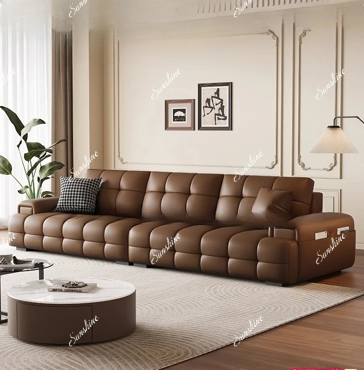 Italian style, all-leather sofa small apartment living room, antique style, simple and modern