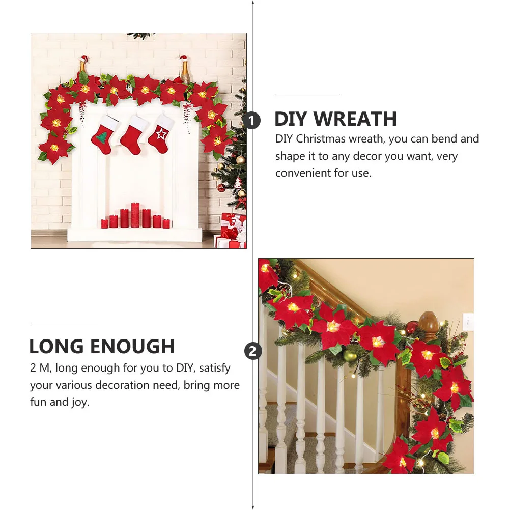 

2M Christmas Artificial Rattan Garland Red Flower Decoration Festive Home DIY Party Ornament Xmas Wreath Green Leaf Holiday