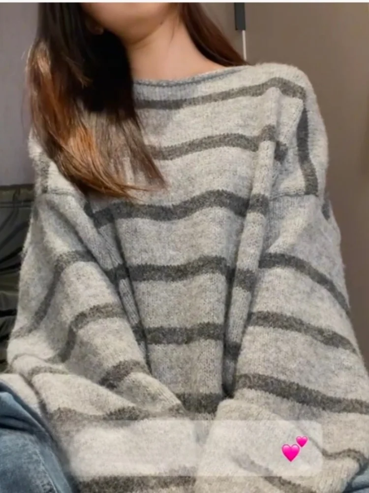

Unique Thiened Stripe Sweater Women's Loose Lazy Early Autumn Beautiful Single Wear Comfortable Commute Sle Long Sve