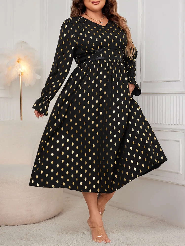 GIBSIE Plus Size High Waist Polka Dot Long Dress Women 2024 Autumn New V-neck Long Sleeve Black Elegant A-Line Dresses Female