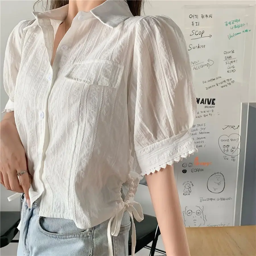 Shirring Shirts and Blouses Korea Short Sleeve Top Women 2024 Summer Button Sweet Blouses Pocket Elegant Solid White Clothes New