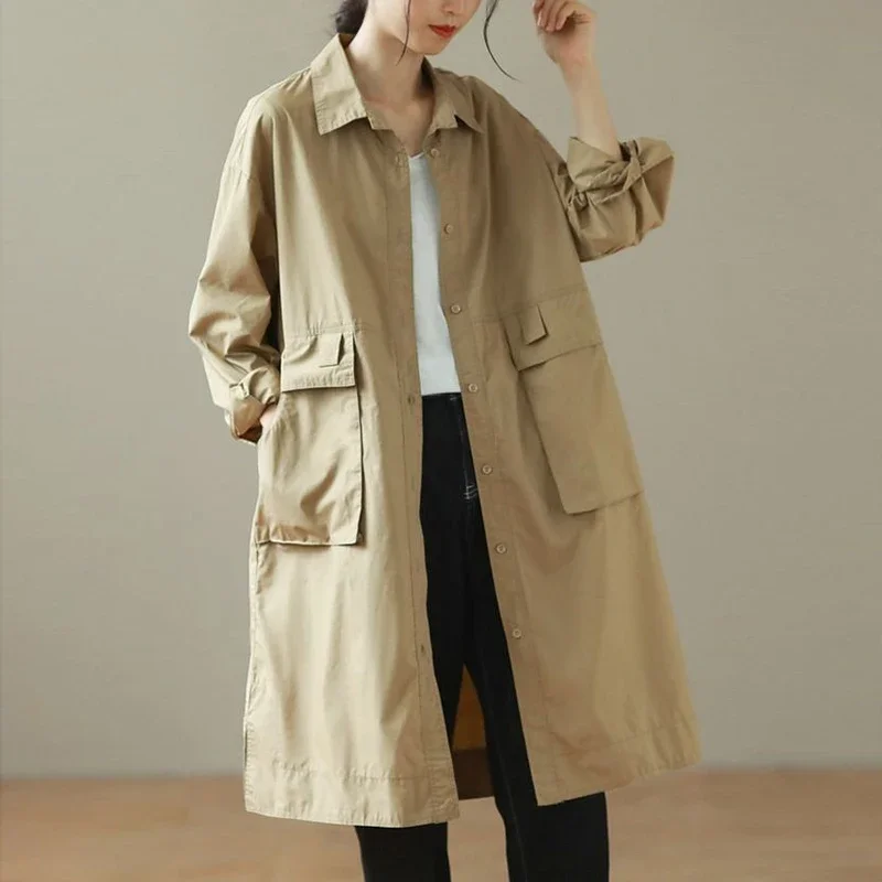 

Spring Fall Trench Coat Women Mid Length Windbreaker Single-breasted Double Pockets Casual Loose Overcoat Female Outerwear C304