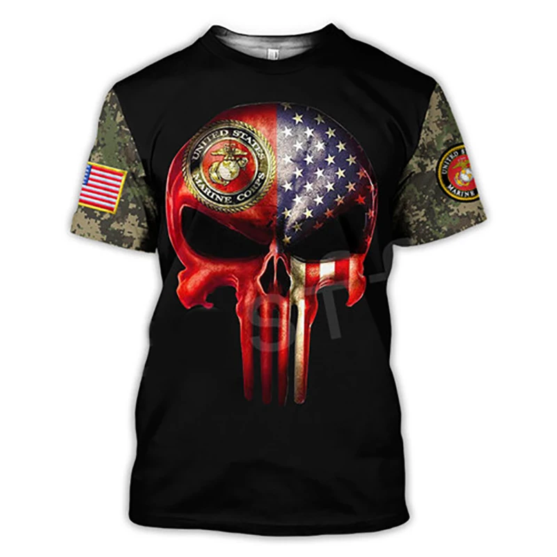 American Flag Soldier Camo Skull 3D Harajuku Print Fashion Tough Guy Street Hip-Hop Casual Round Neck Short Sleeve T-shirt Tops