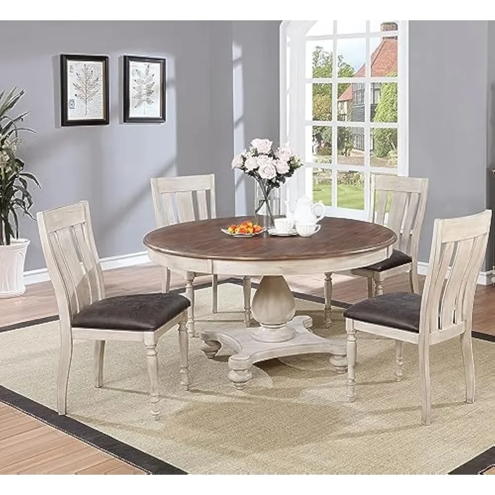 

Arch Solid Wood Dining Set - Round Table with Four Chairs in Distressed White and Dark Oak