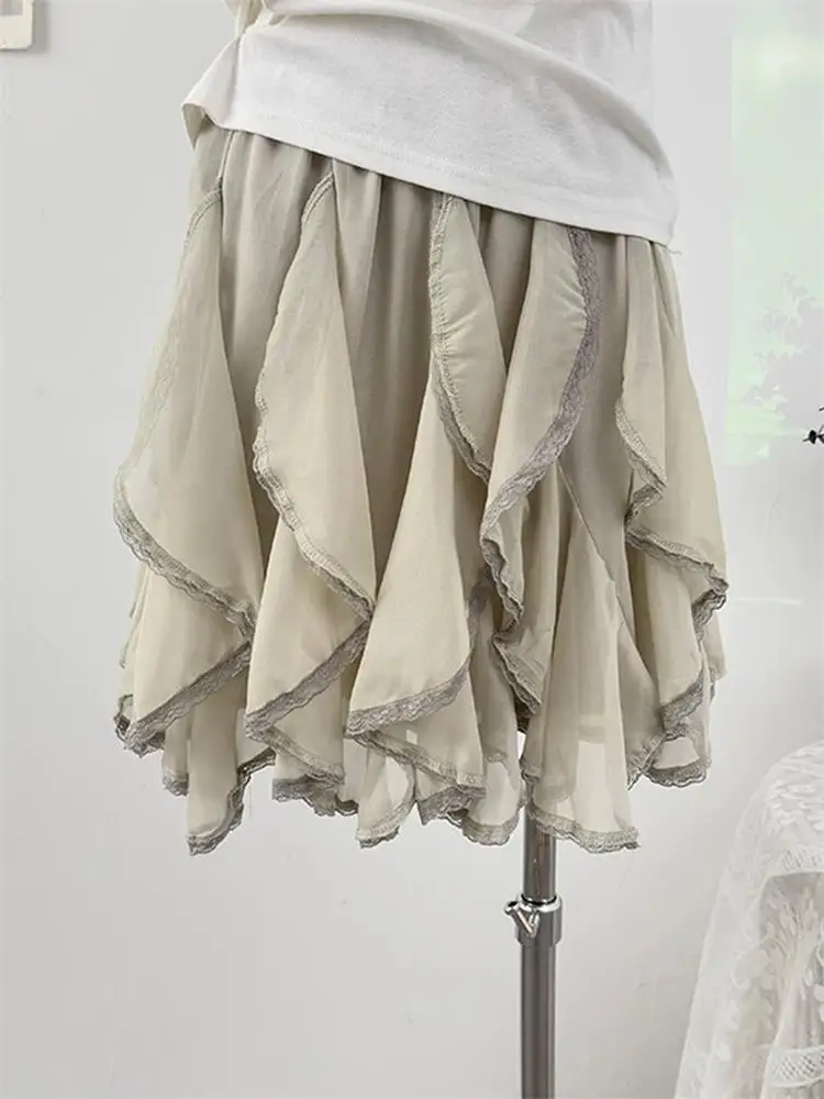 Early Autumn Atmosphere Sense Asymmetrical Lace Trim Splicing Half Skirt Women's Elastic High Waist Slimming Short A-Line Skirt