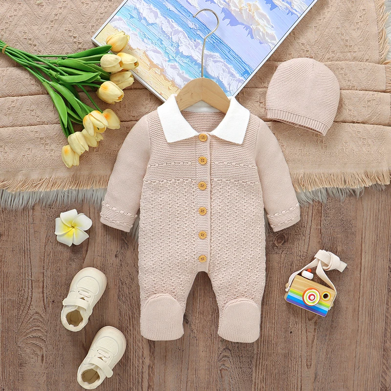 Baby Romper Knit Infant Child Clothes Hat 0-9M Fashion Solid Newborn Girl Jumpsuit Long Sleeve Overalls Pantyhose 2pcs Foot Warp