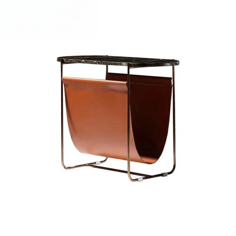 Home Furniture Living Room Marble Gold Frame Stainless Steel Saddle Leather End Table