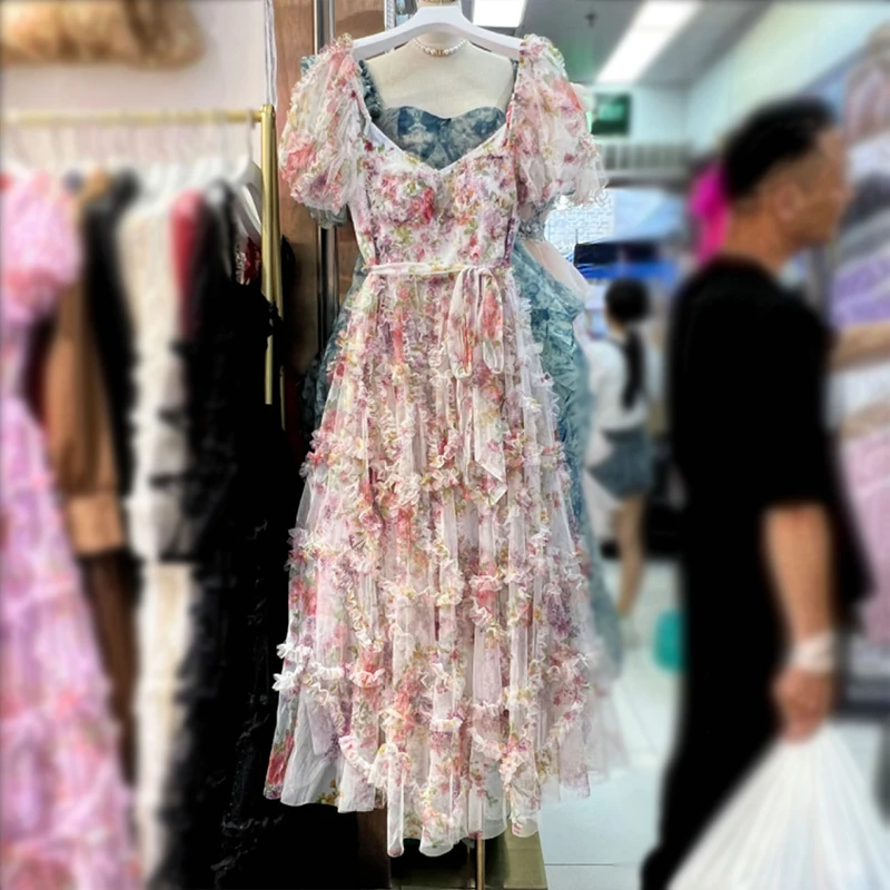 Fairy Dress Women 2024 Fashion Short Sleeve Strapless Mesh Pink Floral Print FIt Flare Ruffles Long Maxi Dress Hawaii Vacation