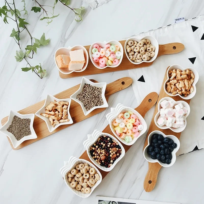 

Japan Style Fruits Platter Serving Trays Creative Ceramic Dish Plates for Snacks/Nuts/Desserts Eco Natural Bamboo Tray