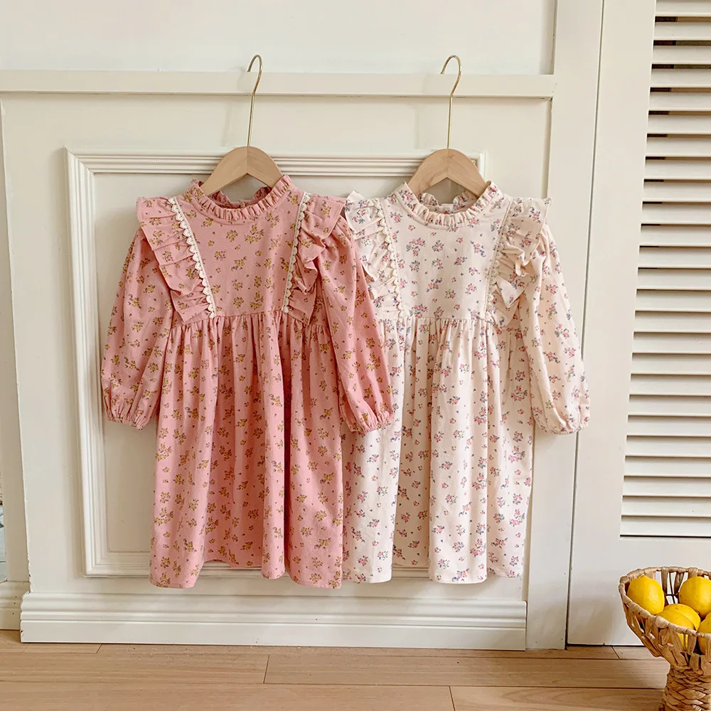 

Korean Girls' Dress - Stand Collar Floral Gown with Lace Trim, Long Sleeve Princess Dress for Toddlers Flower Girl Dresses