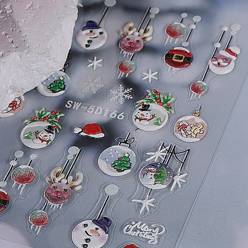 Christmas Nail Stickers 5d Relief Three-dimensional Winter Snowflake Gold Glitter Light Ball Deer Nail Sticker Christmas Series