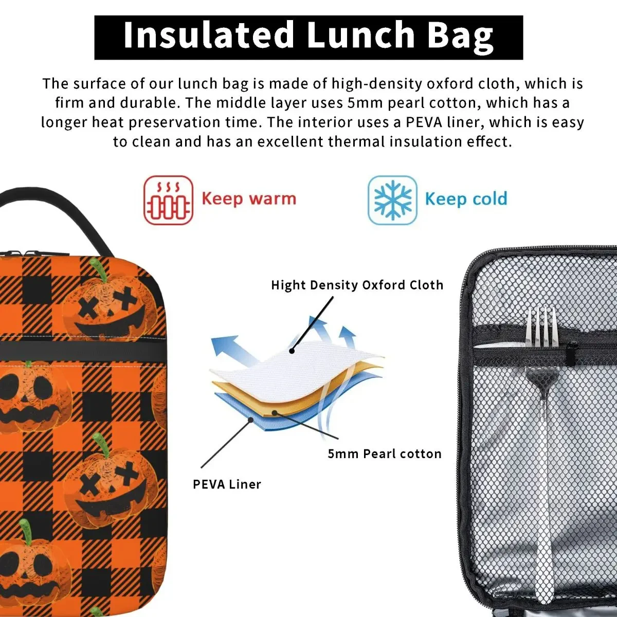 Halloween Pumpkins Plaid Insulated Lunch Bags Large Meal Container Thermal Bag Tote Lunch Box School Travel Bento Pouch