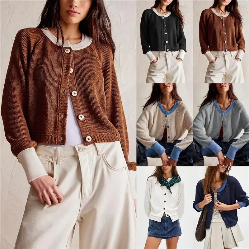 

Autumn Winter New Sle Women's Knitted Cardigan round Ne Single Button Color Blo Outerwear Long Sve Thi PU Material