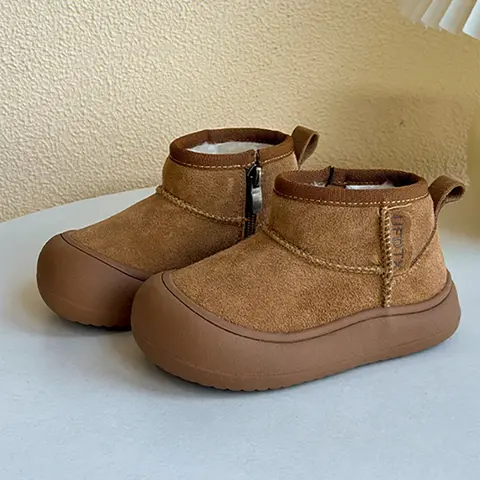 PU Leather Snow Boots For Children Vintage Boy's Girl's Plush Boots Anti-slippery Faux Fur Winter Boots For Kids Cotton Shoes