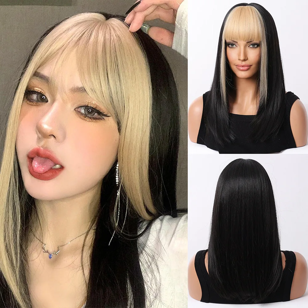 

Korean version of white gold bangs black long straight wig Qi bangs whole wig cover