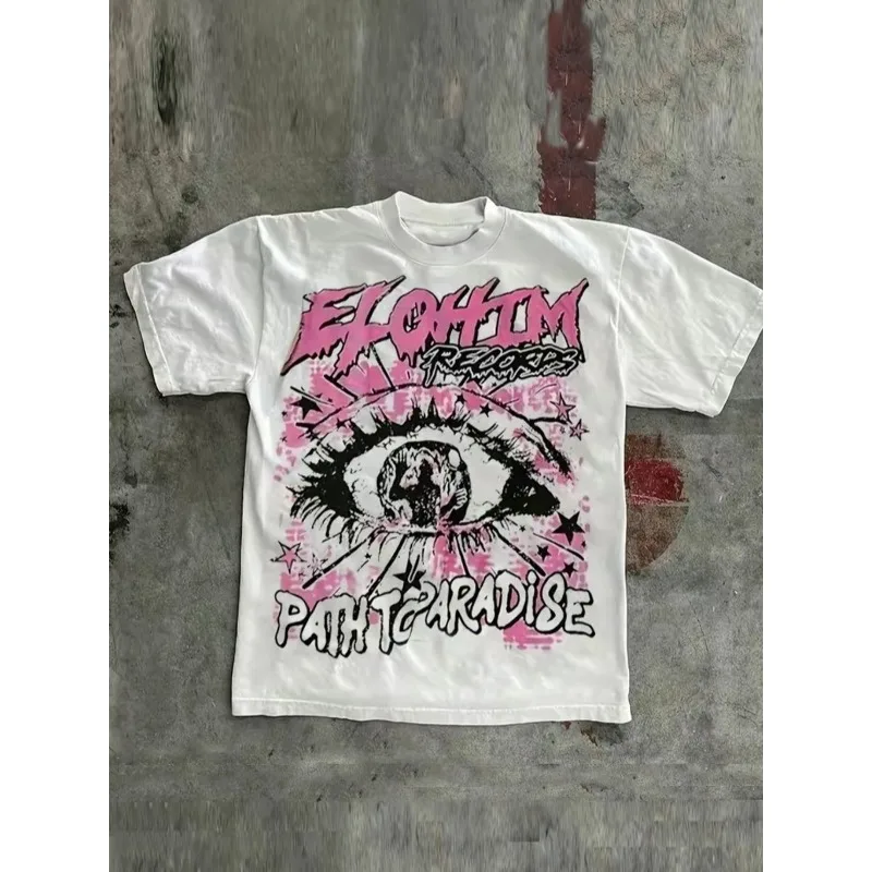 Men's and women's white short sleeved T-shirt with Elohim Records Eye Path to Paradise print
