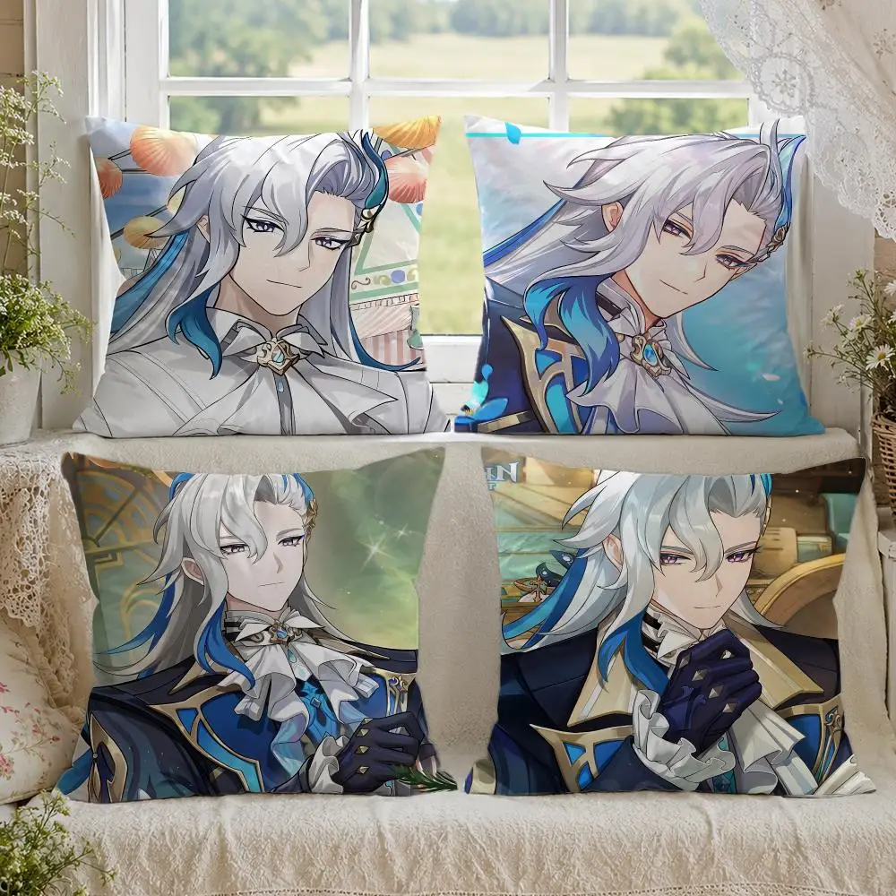 Neuvillette Genshin Impact Cushion Cover 1/4PCS Linen Sofa Couch Bedroom Living Room Home Office Decor Pillow Case