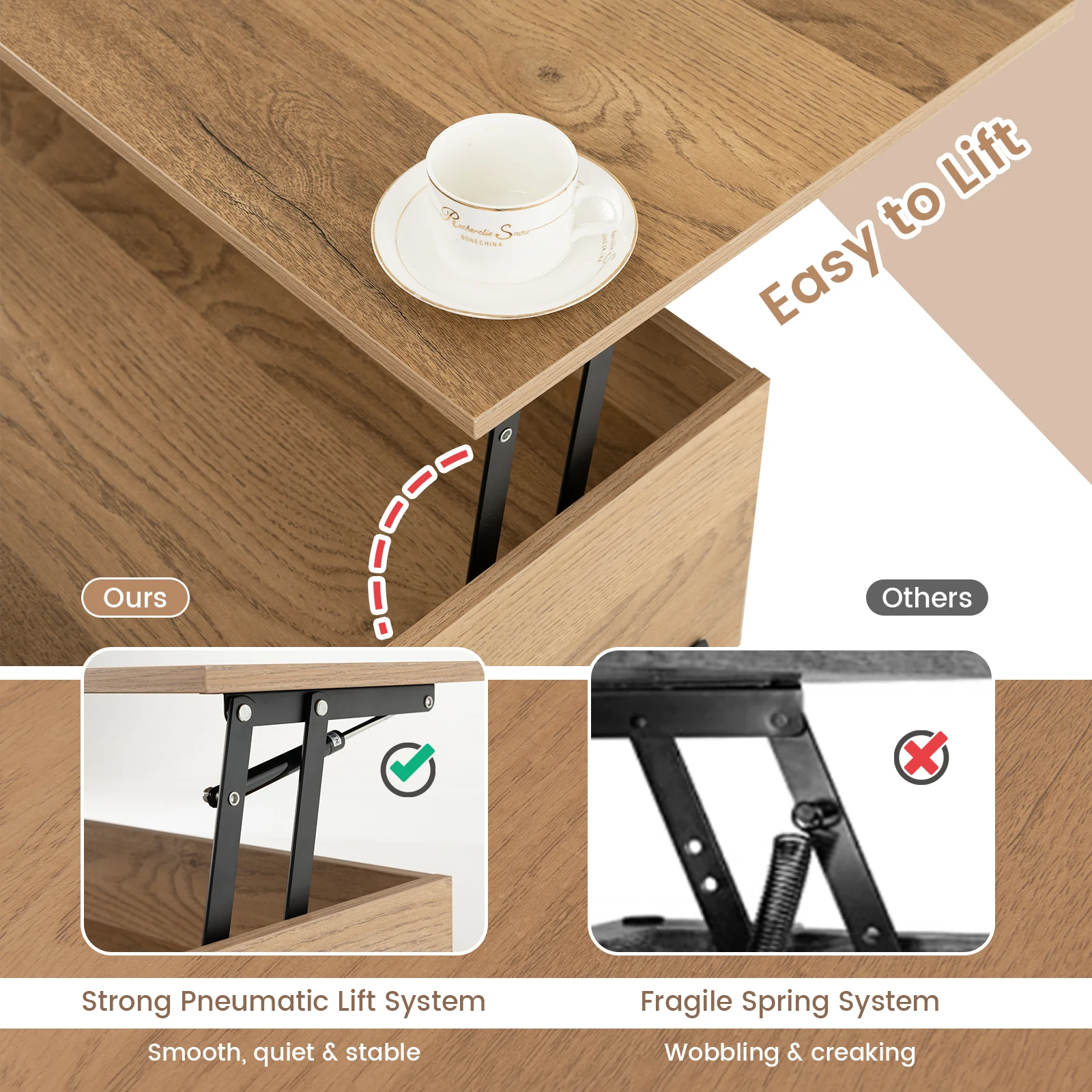 طاولة قهوة قابلة للرفع مع حجرة تخزين و3 مكعبات مفتوحة لغرفة المعيشة