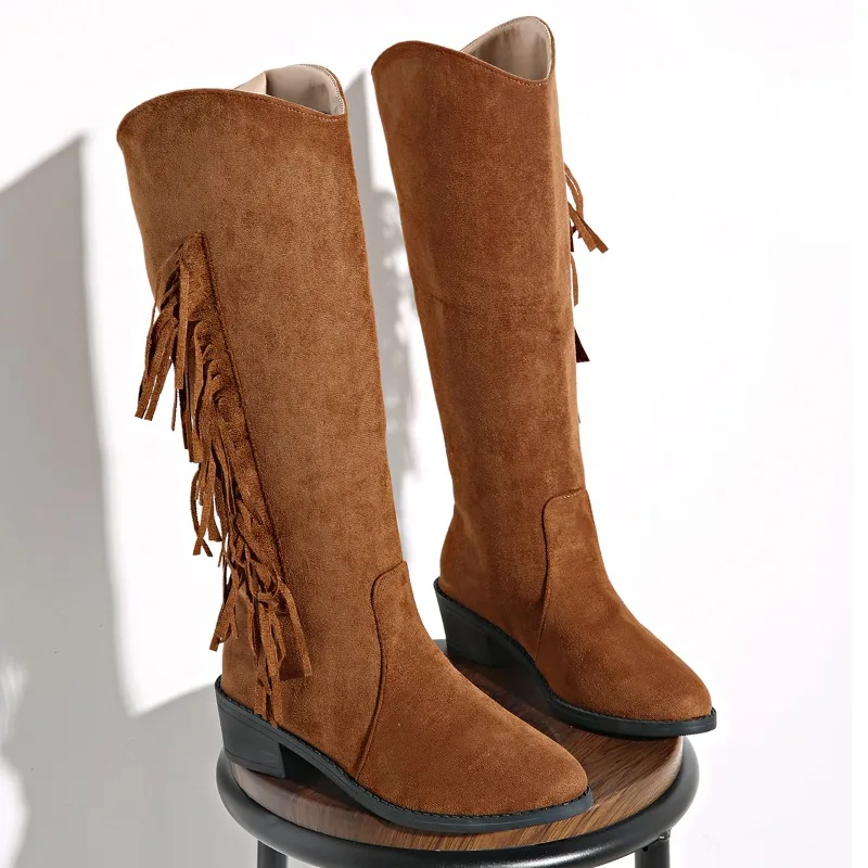 Tassel Boots, Sexy Pointed Toe Square-heeled Shoes, Winter Knee-high Boots, Fashionable Denim Western Boots, Women's Shoes