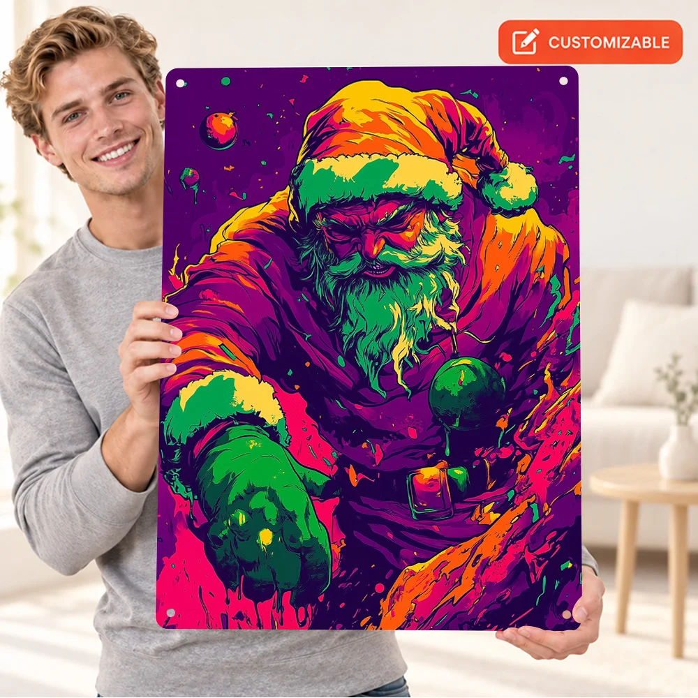 Angry Santa Claus Aluminum Poster Retro Bold Contemporary Illustration Bedroom Wall Art Personalized Metal Sign Collector Gift