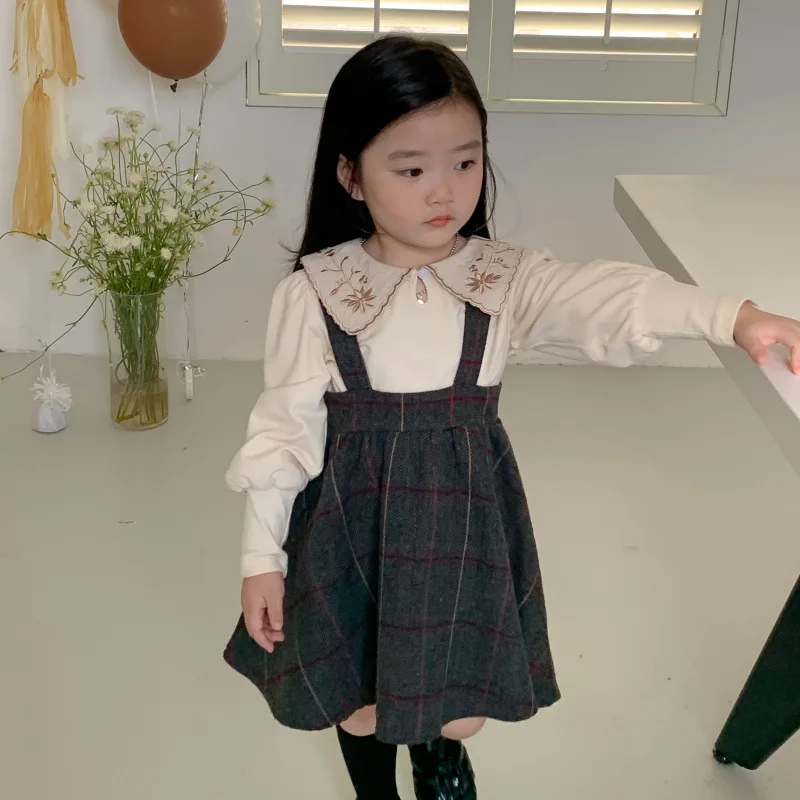 

Korean Girls' Clothing Autumn Winter New Vintage Plaid Strap Dress Baby Girl Versatile Woolen Dress