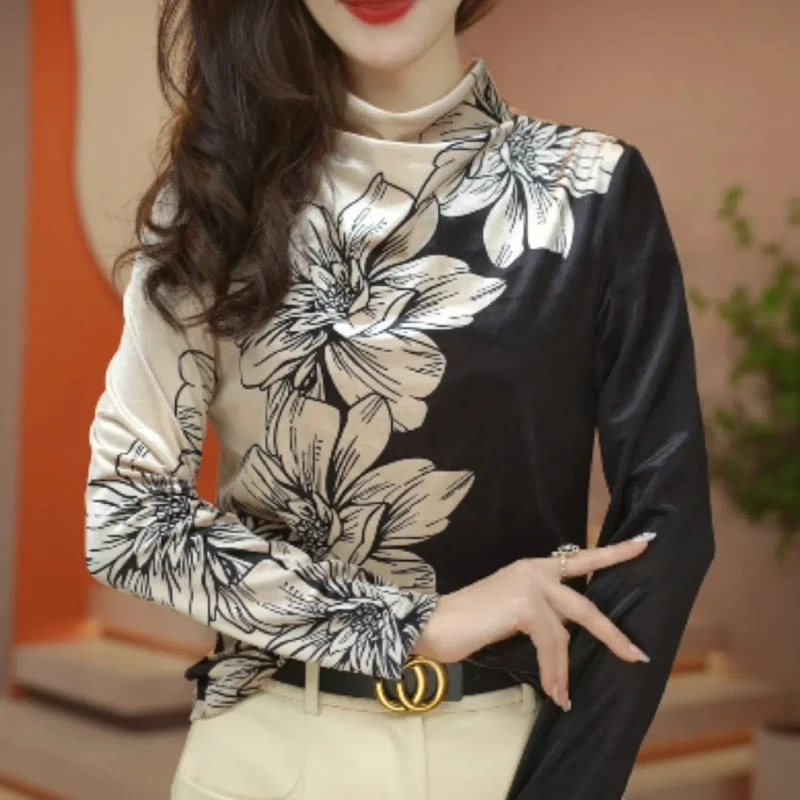 Spring Autumn New Print Patchwork Loose Bottoming Shirt Long Sleeve Plus Size Vintage T Shirt Tops Casual Fashion Women Clothing