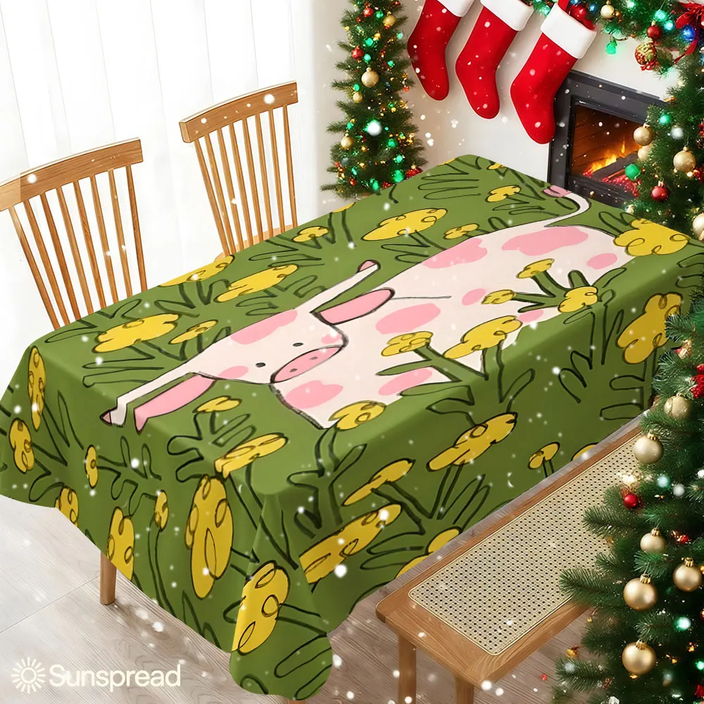 Pink Cow in Daisies Table Cloth Waterproof Tablecloth Spill Proof Table Cloth, Wipe Clean Table Cloth for Dining Camping