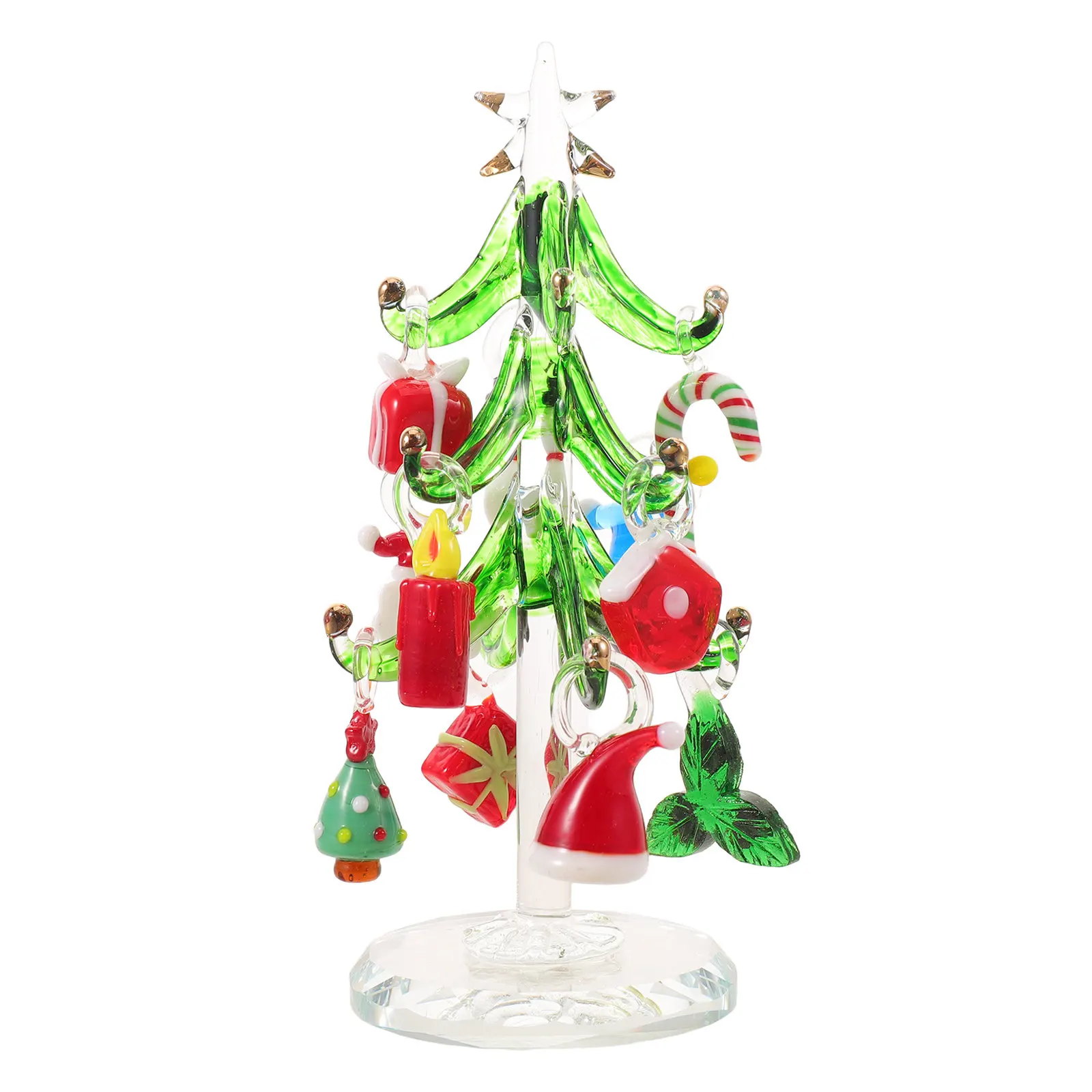Green Mini Glass Christmas Tree Statue with Star Topper Holiday Table Centerpiece Desktop Ornament Xmas Decoration