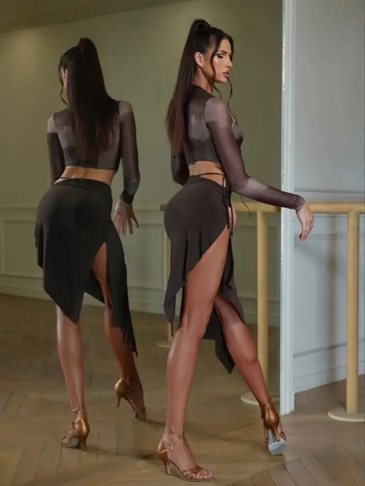 ZYM 라틴 댄스 불규칙 스커트, 롱 룸바 착용, 섹시한 블랙 컬러, 트레이닝 연습 공연용 스플릿 이레 원피스, #2386