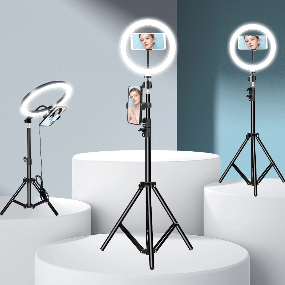 Anillo de luz LED con trípode para fotografía, lámpara de anillo redondo de 10 pulgadas, regulable, para Youtube, maquillaje, transmisión de vídeo en vivo