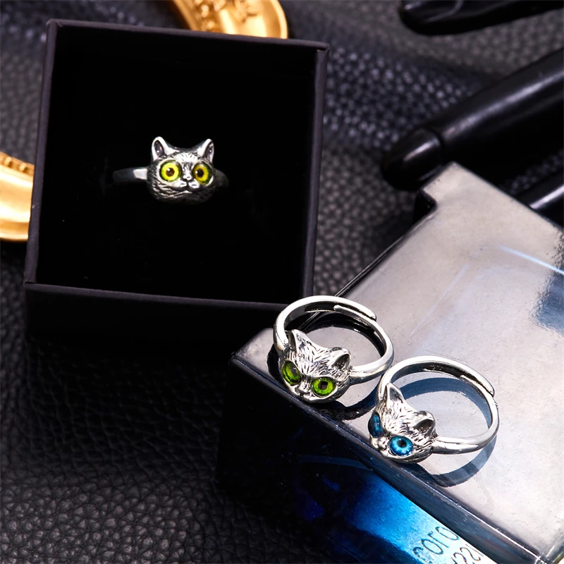 Gothic Punk Green Eyes Cat Animal Rings For Women Men Fashion Vintage Silver Color Open Finger Ring Party Wedding Jewelry Gifts