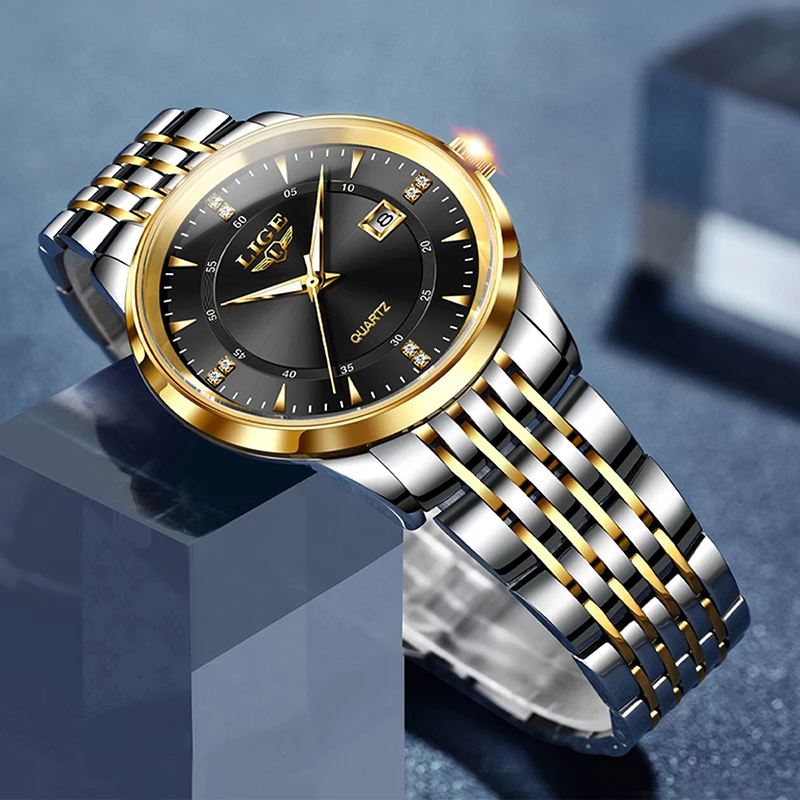 LIGE العلامة التجارية الفاخرة الساعات رجالي مقاوم للماء مضيئة الفولاذ المقاوم للصدأ الرياضة كوارتز ساعة الأعمال ساعة relogios masculino + صندوق