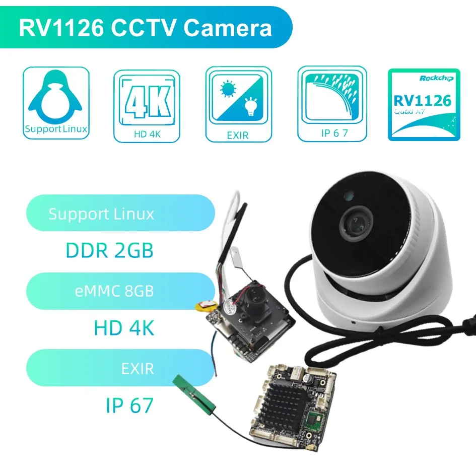 록칩 RV1126 IP 카메라, 8MP 4K CMOS POE 방수 야간 투시경, ONVIF 보안 감시 돔 CCTV 카메라, 모션 감지