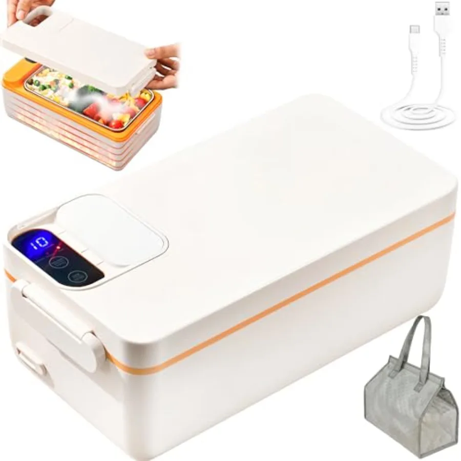 

Rechargeable Electric Heated Lunch Box for Office Car Travel - Stainless Steel Gray - Cordless Battery Powered with Timer, Self