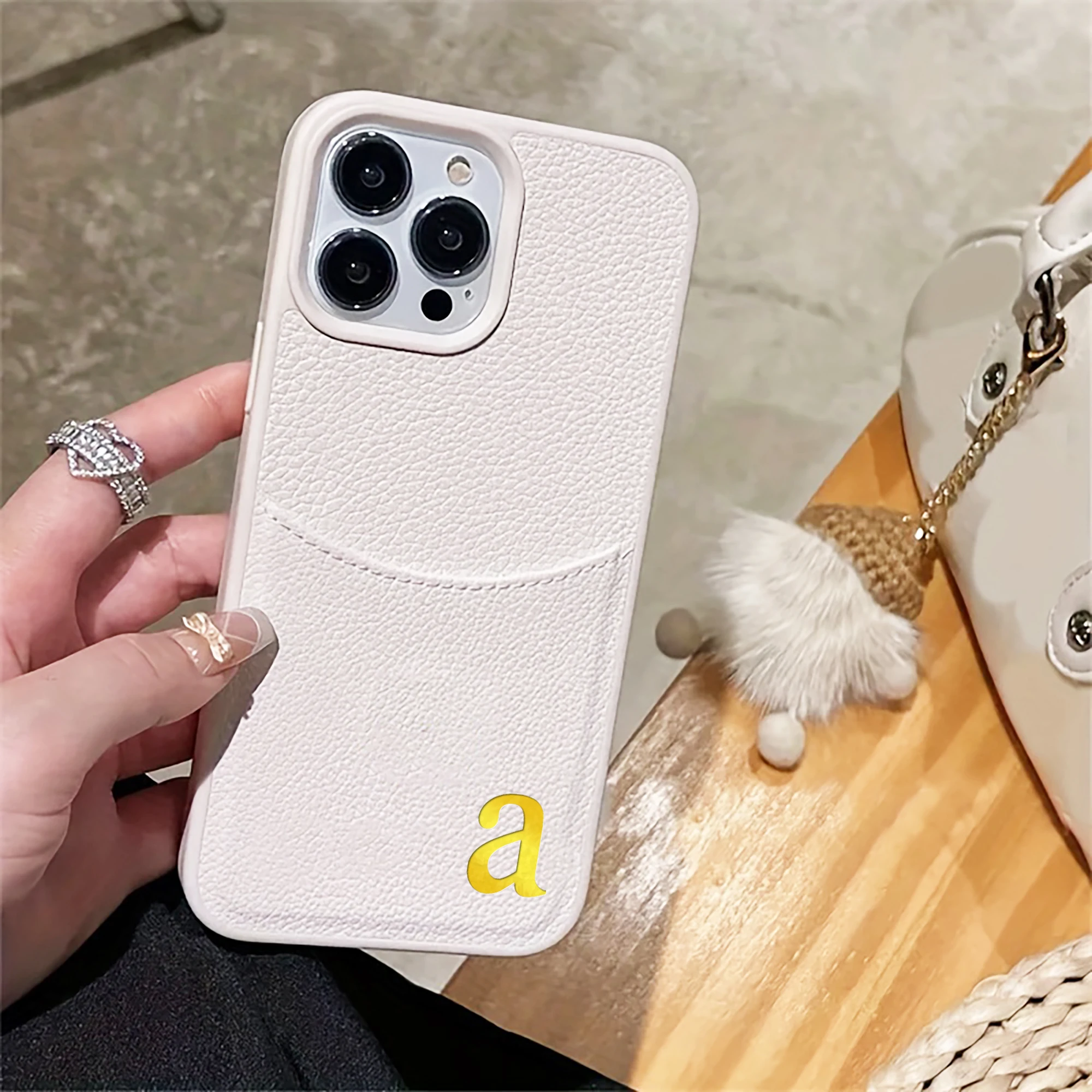 Nome personalizado caso de cartão de inserção inicial para iphone 16 15 14 13 12 pro max plus folha quente carimbo litchi estampado caso de couro falso