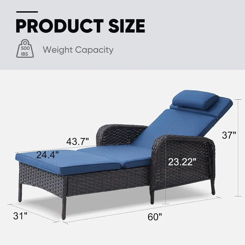 Wicker Patio Recliner - 75 Inch Adjustable Chaise Lounge with Sot Pillow Removable Cushions, All Weather Rattan Pool Lounge Chai