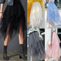 New Fashion Women Irregular Tulle Skirts Elastic High Waist Mesh Tutu Skirts for Lady Casual Pleated Long Lace Skirt Women