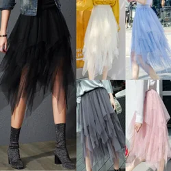 New Fashion Women Irregular Tulle Skirts Elastic High Waist Mesh Tutu Skirts for Lady Casual Pleated Long Lace Skirt Women
