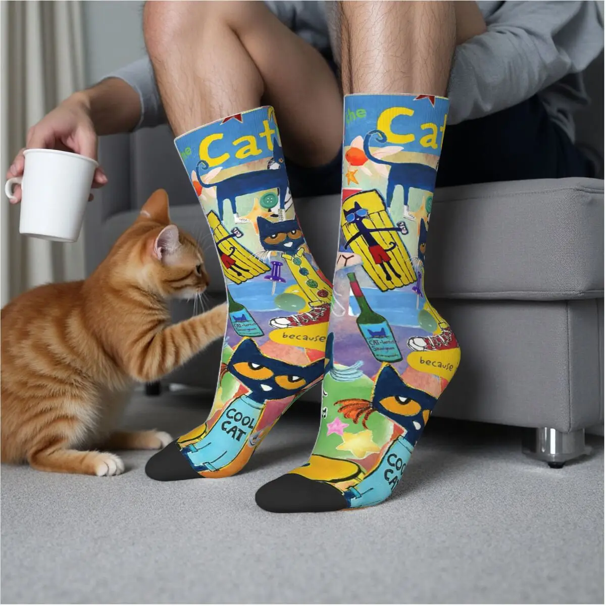 

Носки Pete The Cat, чулки высокого качества в стиле Харадзюку, всесезонные длинные носки, аксессуары для мужчин и женщин, подарок на день рождения