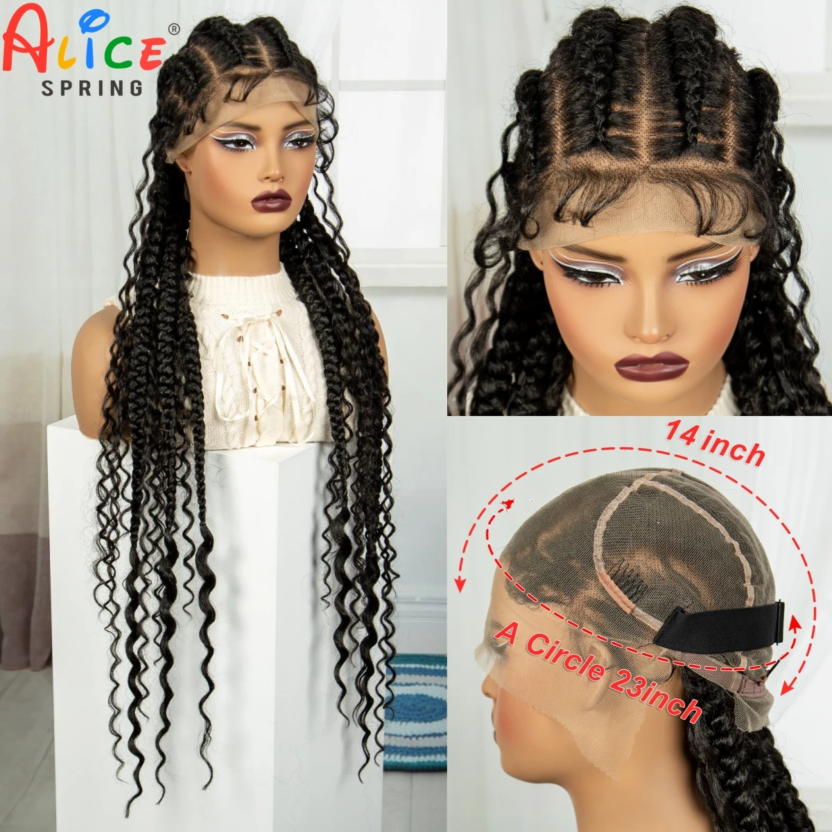 34Inch Synthetic Lace Braiding Wigs Full Lace Cornrow Braids Wigs with Baby Hair Lace Front Twisted Braided Wig for Black Women